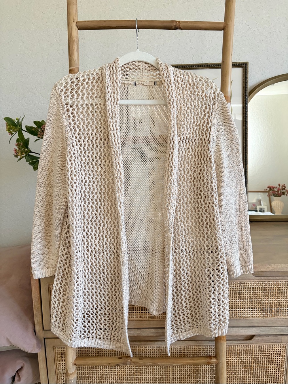 Vintage Open-Front Cream Knit Cardigan Sweater